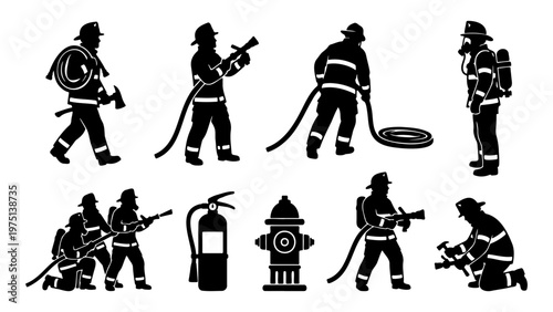 Firefighter silhouette vector set, firemen in action with equipment, professional fire department icons, emergency service rescue workers collection