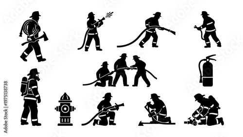 Firefighter silhouettes set, professional firemen in action with equipment vector, emergency rescue team icons, black fire fighter figures