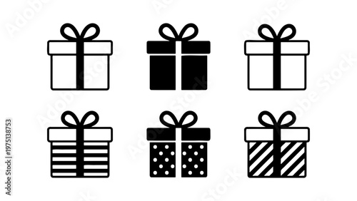 Minimalist gift box icons set, black and white present symbols with ribbons, 6 vector elements for holiday celebration and e-commerce shipping