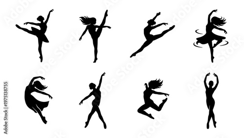 Elegant ballet dancer silhouettes, set of 8 graceful ballerina vector icons, black female dancer figures in motion for performance and studio branding