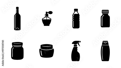 Black bottle icon set with 8 vector elements, cosmetic and household packaging silhouettes, liquid container symbols for web design