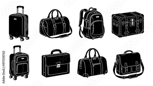 Travel luggage and bag icons set, black and white vector illustrations of suitcases, backpacks, and briefcases, 8 travel gear elements for tourism