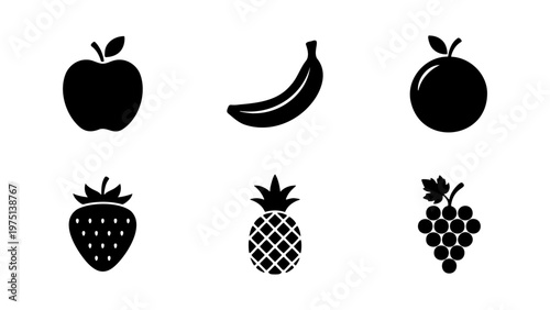 Minimalist fruit icon set with 6 black vector silhouettes, flat organic food symbols for grocery apps, clean apple banana and strawberry graphics