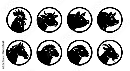 Minimalist farm animal icons, set of 8 black silhouette livestock head symbols in circles, rustic agriculture vector graphics for butcher shop and organic food branding