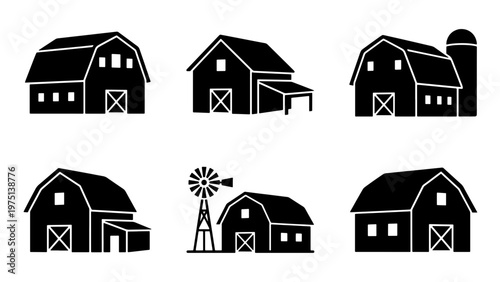 Rustic barn silhouette icons, set of 6 farm building vector illustrations, black farmhouse and windmill graphics for rural landscape design