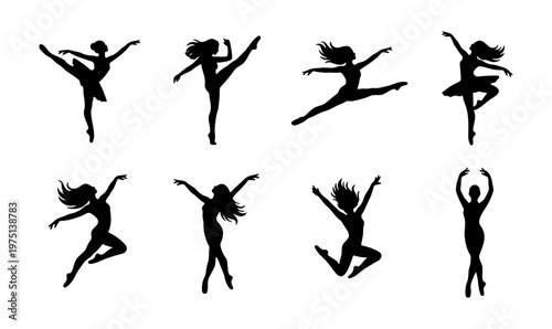 Graceful ballerina silhouettes set, 8 ballet dancer vector elements in various poses, black female dancing figures for theater and arts design