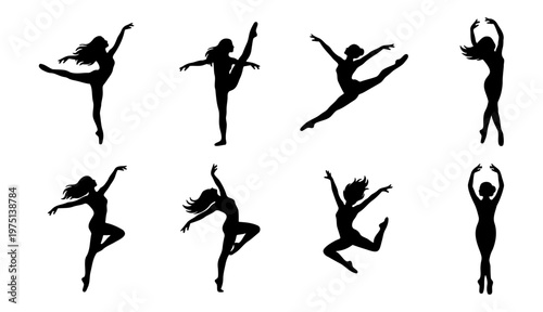Graceful ballet dancer silhouettes set, elegant female ballerina poses in black vector, 8 dancing woman figures for theater and arts design