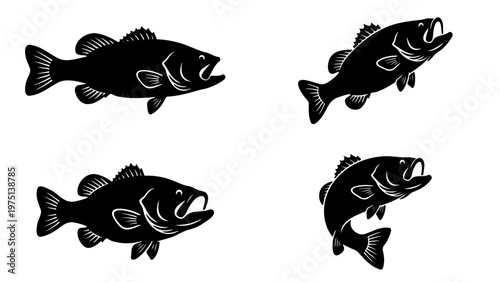 Vintage largemouth bass fish silhouettes, set of 4 black fishing icons. Retro bass jumping and swimming vector illustrations for angling logos and outdoor sports.