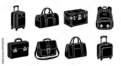 Black luggage icons set, travel bags and suitcases collection, 8 vector silhouettes of baggage, backpack and briefcase for tourism and business trips
