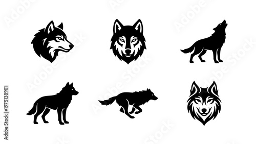 Black wolf silhouette vector icons set, minimalist wild animal head mascots, howling and running timber wolf graphics for branding and logos