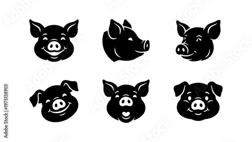 Black pig head silhouettes, set of 6 stylized swine face icons, minimalist farm animal vector illustrations for butcher shop branding and logos