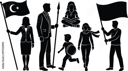 Black and white silhouettes holding crescent and star flag family group with running child and seated reader