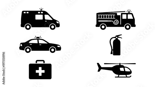 Emergency services icon set with 6 black vector silhouettes, first responder vehicles and equipment, police car and ambulance icons for safety signage