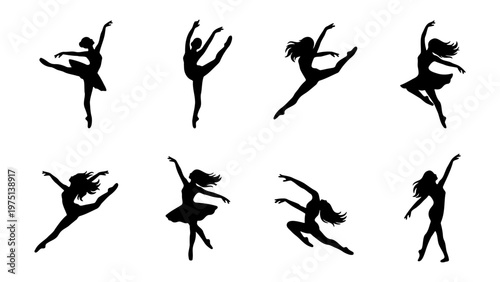 Graceful ballerina silhouettes set, elegant ballet dancer poses in black vector icons, 8 female dancers performing artistic jumps and movements