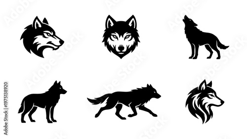 Wolf silhouette and head logo collection, 6 black wolf icons in various poses, wild animal mascot set for sports branding and outdoor apparel