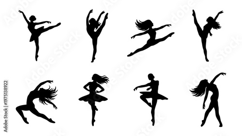 Graceful ballerina silhouettes set, elegant ballet dancer poses in black vector, collection of 8 female dancing figures for performance and art design