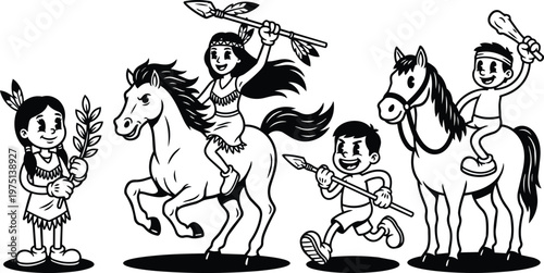 Black and white vector art native children riding horses holding spears and branch
