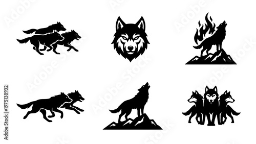 Wolf silhouette vector icons set, howling wolf on mountain peak, running pack of wolves, black and white wildlife animal logo collection