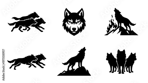 Black wolf silhouette vector set, howling wolf icons on mountain peaks, wild predator animal head mascot and running pack illustrations