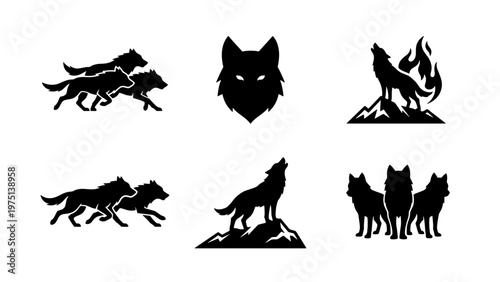 Black wolf silhouette icons set, howling wolf on mountain peak vector, wild predator pack and animal head logos for outdoor branding
