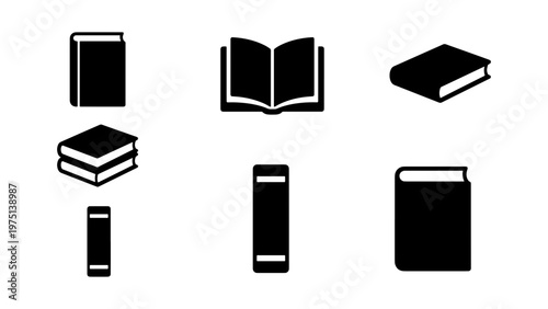 Minimalist book icon set with 7 black vector elements, flat library and education symbols, academic literature and reading icons for web design