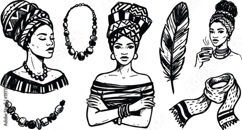 Black and white line art headwrap portrait set with necklaces feather scarf and coffee