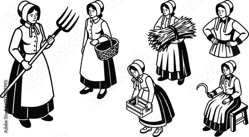 Black and white line art women in bonnets carrying pitchfork basket sheaf crate and sickle farming