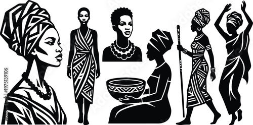 Black and white african women silhouettes with patterned headwraps bowl walking with staff dancing