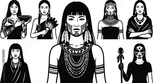 Black and white vector art indigenous women with facial paint feathers necklaces bowl and staff