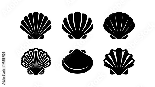 Minimalist seashell icon set, black scallop shell silhouettes, collection of 6 marine mollusk vector elements for beach branding and summer logos