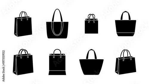 Black shopping bag icons set, 8 vector tote bag silhouettes, minimalist retail paper bag illustrations, fashion handbag and grocery carrier symbols
