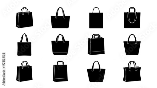 Black shopping bag silhouettes, set of 12 vector icons of reusable tote bags and paper carriers, retail fashion handbag collection for e-commerce
