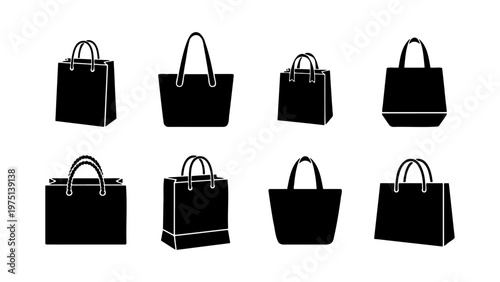 Minimalist shopping bag icons set, black paper bag silhouettes for retail and commerce, 8 vector tote bag illustrations for fashion branding