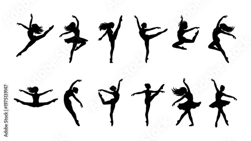 Graceful ballet dancer silhouettes, set of 12 female ballerina vector icons, elegant dancing poses and rhythmic gymnastics movements for theater posters