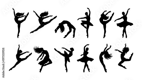 Graceful ballet dancer silhouettes, set of 12 female ballerina vector icons, elegant dancing poses and gymnastic movements on white background