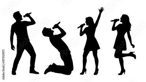 Karaoke singer silhouettes set, vocal performance vector icons, black silhouettes of people singing with microphones, music entertainment collection