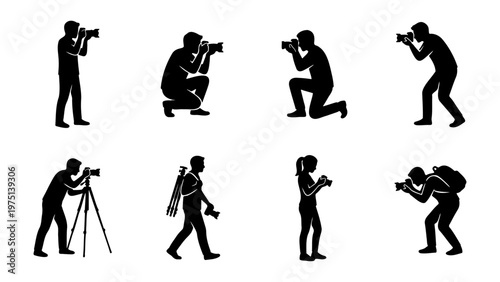 Professional photographer silhouette collection, set of 8 camera operator icons, male and female videographers with tripods and gear, black vector silhouettes