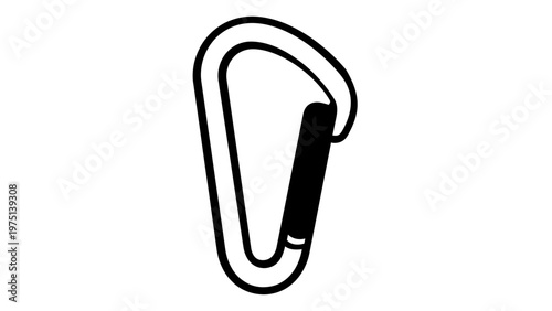 Minimalist black and white carabiner vector icon illustration for rock climbing, hiking, and outdoor adventure gear, featuring a clean line art design for camping and safety equipment.