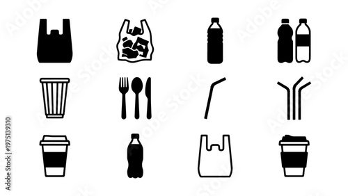 Plastic waste icons set, disposable single-use plastic pollution symbols, black vector silhouettes of bottles bags and cutlery for environmental awareness