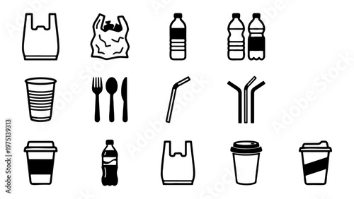 Single use plastic icons set, black and white disposable waste symbols, 13 vector elements of plastic bottles, bags, straws and cutlery