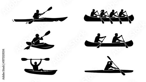 Black kayak and canoe silhouette set, rowing and paddling sport icons, collection of 6 watercraft vector elements for outdoor adventure design