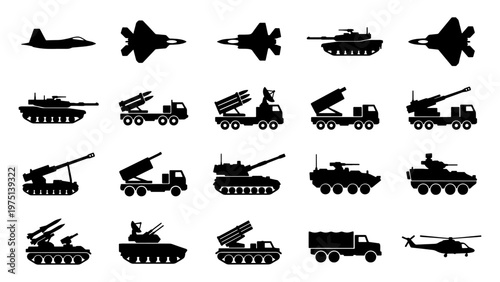 Military vehicle silhouette set, 20 army equipment icons including tanks and fighter jets, black war machinery vector collection for tactical maps