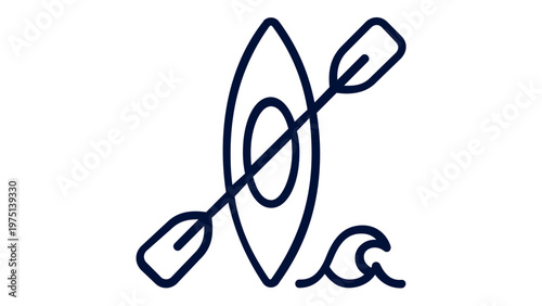 Minimalist kayak with double-bladed paddle and water wave line icon vector illustration; scalable flat design symbol for outdoor adventure, camping, water sports, and summer vacation recreation.