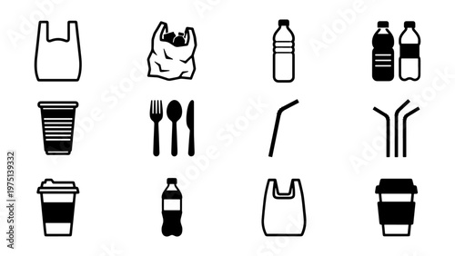 Single use plastic waste icons set, black and white disposable packaging vector elements, environmental pollution symbols for ecology infographics