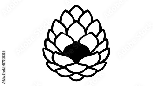 Minimalist pinecone or hop flower vector icon, scalable black and white line art illustration for camping, outdoor adventure, forest nature, hiking gear, and botanical logo design projects.