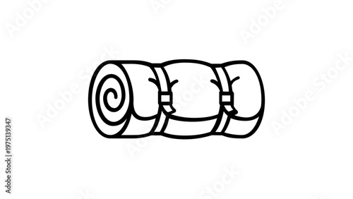 Minimalist black and white vector icon illustration of a rolled-up sleeping bag or camping mat secured with straps, perfect for outdoor adventure, hiking, trekking, and travel gear designs.