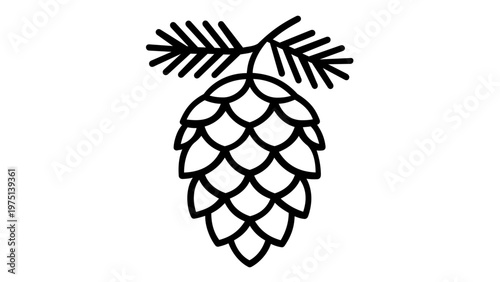 Minimalist black line art vector illustration of a pine cone with evergreen needles, perfect for camping, nature, and outdoor adventure designs, scalable flat icon for web and print media.