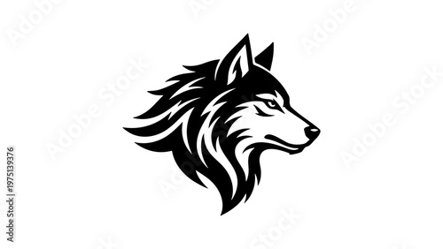 Stylized wolf head vector logo, black and white husky mascot profile, wild animal predator emblem for sports branding and apparel design