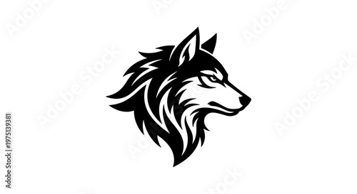 Stylized wolf head vector logo, black and white wild animal mascot profile, fierce timber wolf head illustration for sports team branding