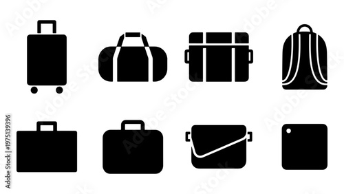 Minimalist travel luggage icon set, black silhouette suitcase and bag collection, 8 vector elements for tourism and business trip branding